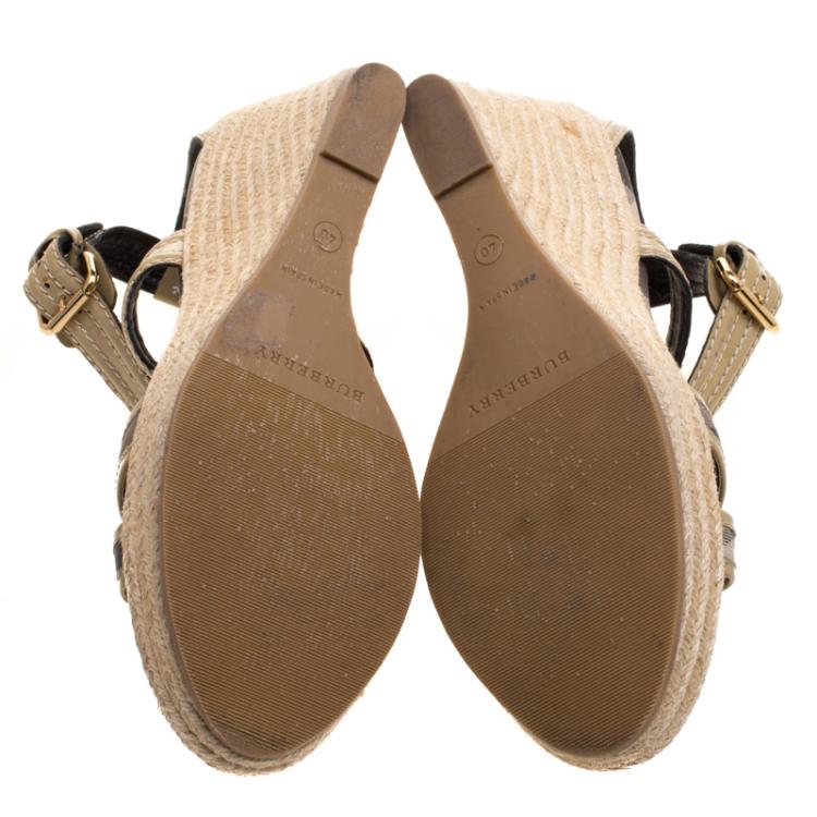 Pre Owned Burberry Beige Leather and Novacheck Canvas Walmer Criss Cross Espadrille Wedge Sandals Size 40