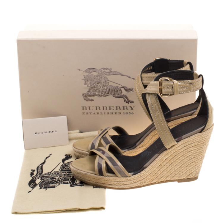 Pre Owned Burberry Beige Leather and Novacheck Canvas Walmer Criss Cross Espadrille Wedge Sandals Size 40