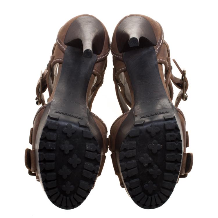 Pre Owned Burberry Russet Brown Leather Cross Strap Platform Sandals Size 36