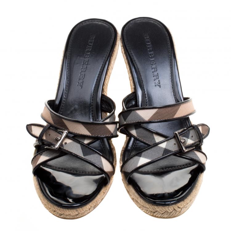 Pre Owned Burberry Black Patent Leather and Nova Check Canvas Espadrille Wedge Sandals Size 37