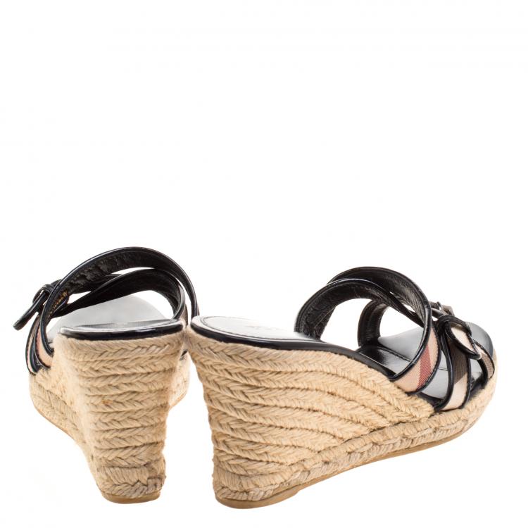 Pre Owned Burberry Black Patent Leather and Nova Check Canvas Espadrille Wedge Sandals Size 37