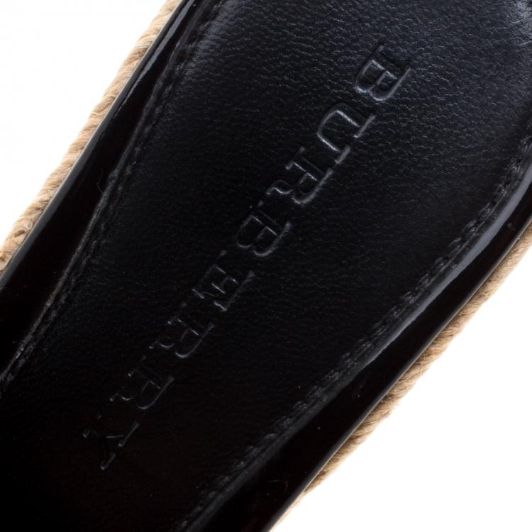 Pre Owned Burberry Black Patent Leather and Nova Check Canvas Espadrille Wedge Sandals Size 37