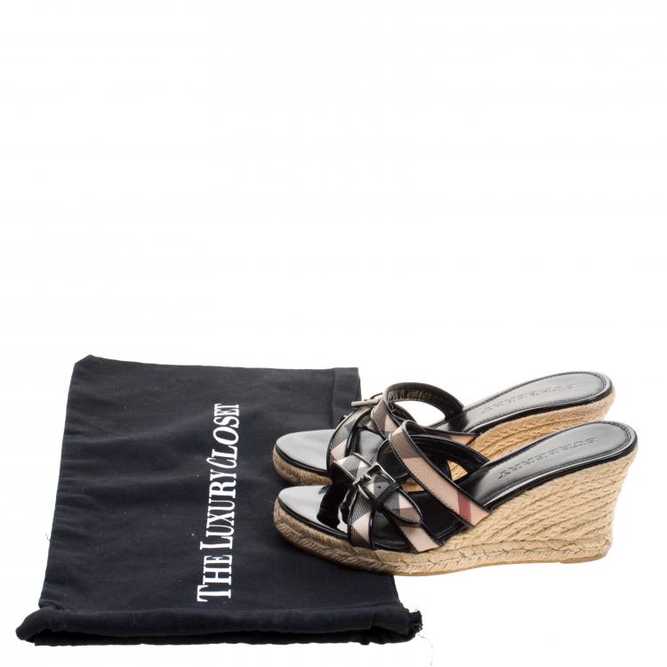 Pre Owned Burberry Black Patent Leather and Nova Check Canvas Espadrille Wedge Sandals Size 37