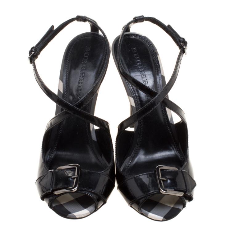 Pre Owned Burberry Black Leather Brit Check Fabric  Buckle Detail Cross Strap Sandals Size 38