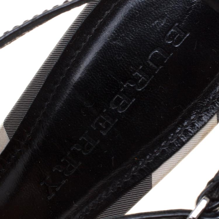 Pre Owned Burberry Black Leather Brit Check Fabric  Buckle Detail Cross Strap Sandals Size 38