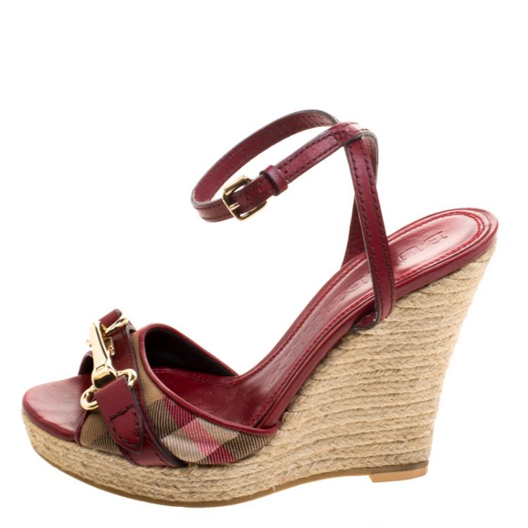 Pre Owned Burberry Nova Check Canvas and Leather Ankle Strap Espadrille Wedges Size 36