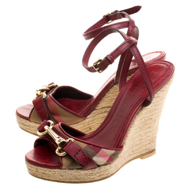 Pre Owned Burberry Nova Check Canvas and Leather Ankle Strap Espadrille Wedges Size 36