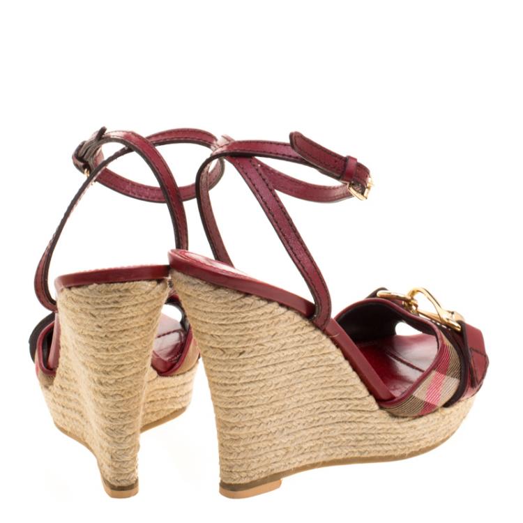 Pre Owned Burberry Nova Check Canvas and Leather Ankle Strap Espadrille Wedges Size 36