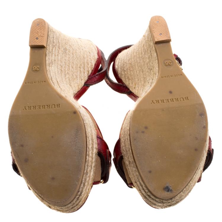 Pre Owned Burberry Nova Check Canvas and Leather Ankle Strap Espadrille Wedges Size 36