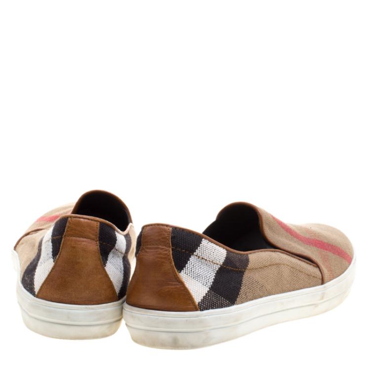 Pre Owned Burberry Beige Novacheck Canvas Slip On Sneakers Size 40