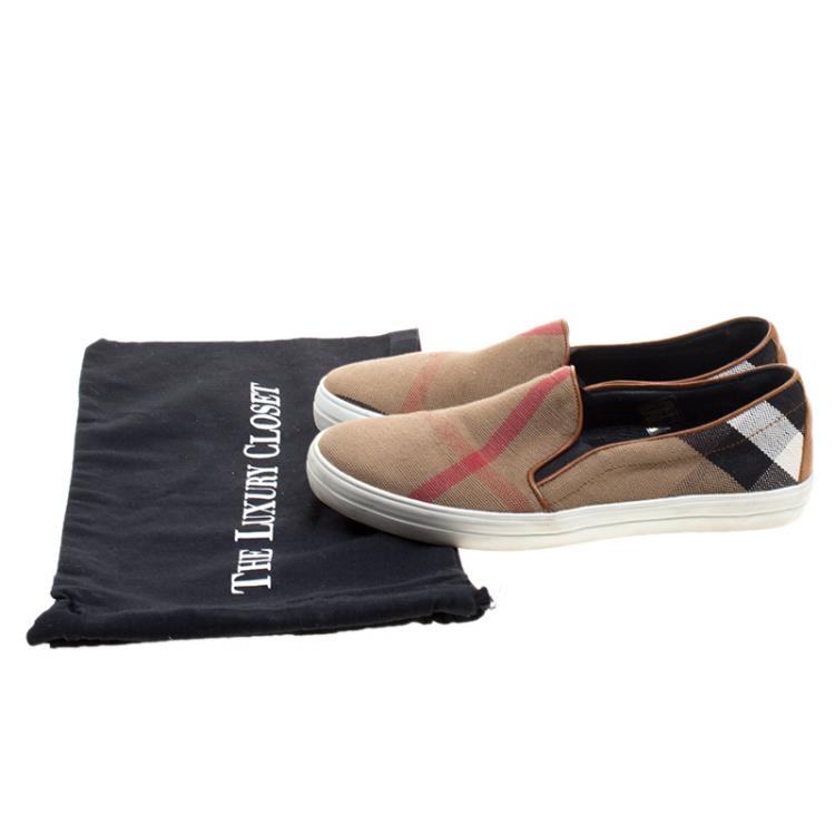 Pre Owned Burberry Beige Novacheck Canvas Slip On Sneakers Size 40