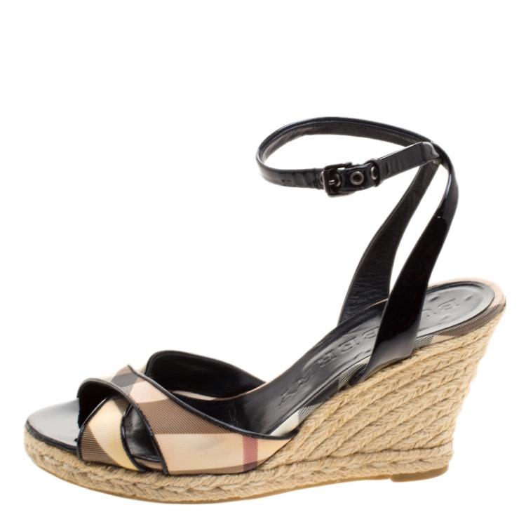 Pre Owned Burberry Black Patent Leather and Novacheck Canvas Espadrille Wedge Sandals Size 38