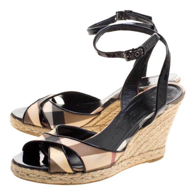 Pre Owned Burberry Black Patent Leather and Novacheck Canvas Espadrille Wedge Sandals Size 38