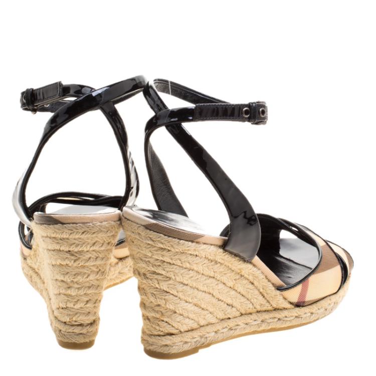 Pre Owned Burberry Black Patent Leather and Novacheck Canvas Espadrille Wedge Sandals Size 38