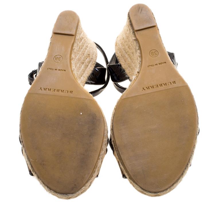 Pre Owned Burberry Black Patent Leather and Novacheck Canvas Espadrille Wedge Sandals Size 38
