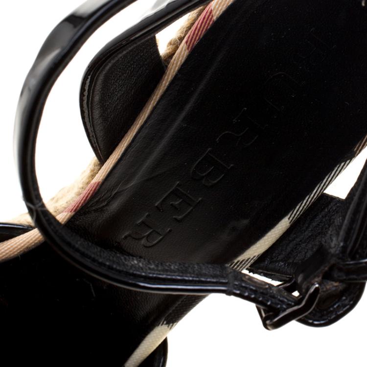 Pre Owned Burberry Black Patent Leather and Novacheck Canvas Espadrille Wedge Sandals Size 38