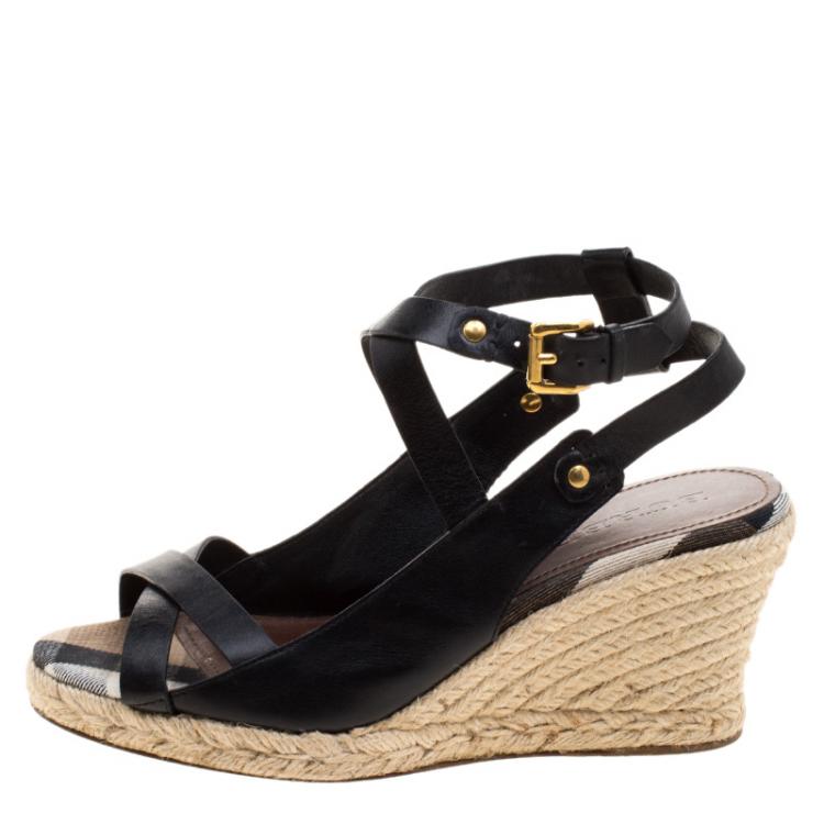 Pre Owned Burberry Black Leather Nova Check Espadrilles Wedge Slingback Sandals Size 39