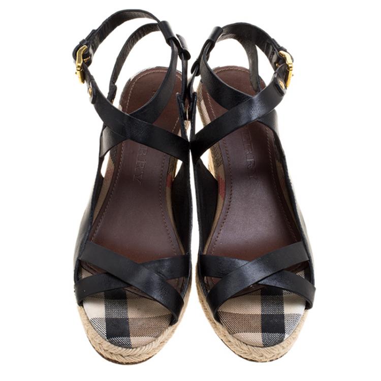Pre Owned Burberry Black Leather Nova Check Espadrilles Wedge Slingback Sandals Size 39
