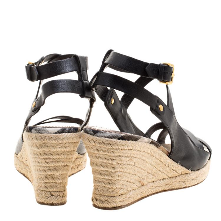 Pre Owned Burberry Black Leather Nova Check Espadrilles Wedge Slingback Sandals Size 39