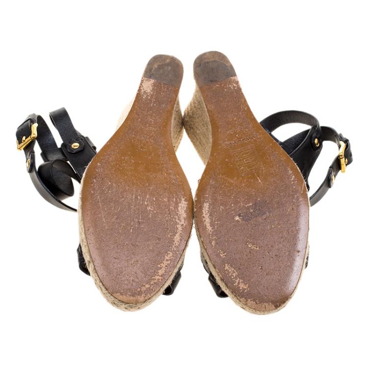 Pre Owned Burberry Black Leather Nova Check Espadrilles Wedge Slingback Sandals Size 39