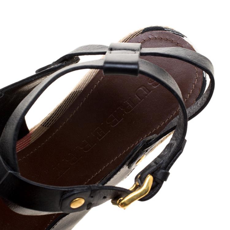 Pre Owned Burberry Black Leather Nova Check Espadrilles Wedge Slingback Sandals Size 39