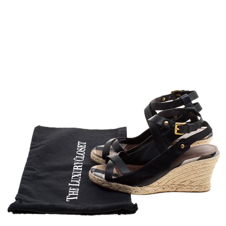 Pre Owned Burberry Black Leather Nova Check Espadrilles Wedge Slingback Sandals Size 39