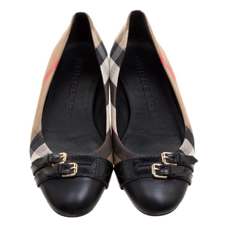 Pre Owned Burberry Beige Nova Check Canvas And Leather Avonwick Buckle Detail Ballet Flats Size 38