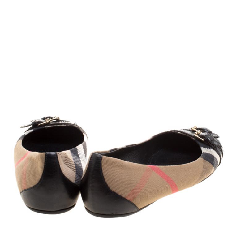 Pre Owned Burberry Beige Nova Check Canvas And Leather Avonwick Buckle Detail Ballet Flats Size 38