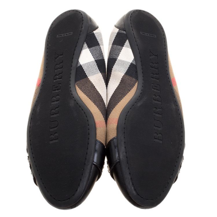 Pre Owned Burberry Beige Nova Check Canvas And Leather Avonwick Buckle Detail Ballet Flats Size 38