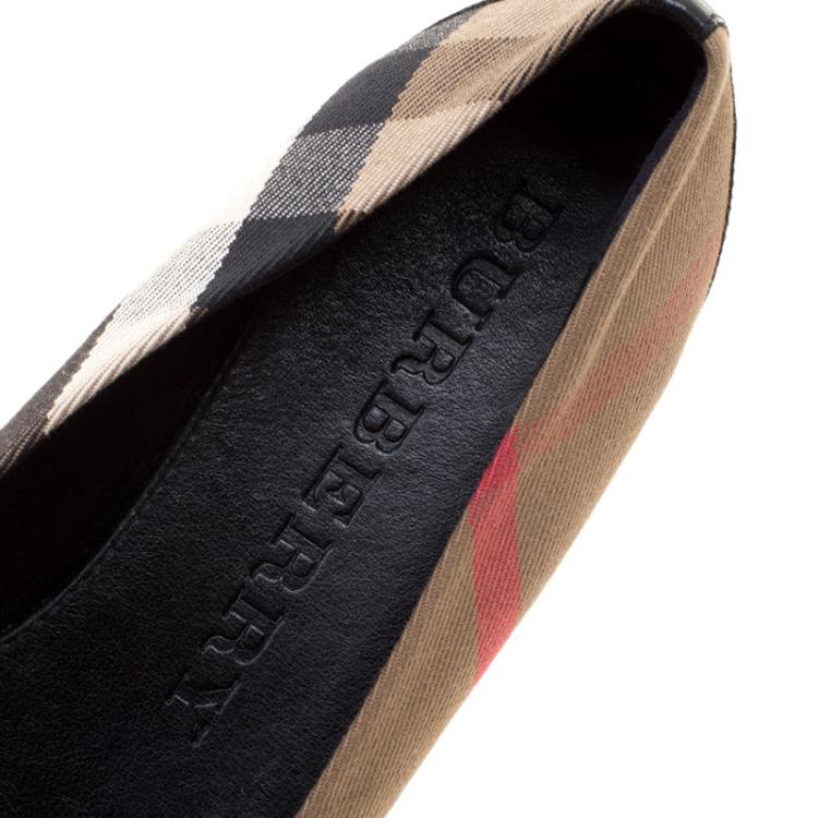 Pre Owned Burberry Beige Nova Check Canvas And Leather Avonwick Buckle Detail Ballet Flats Size 38