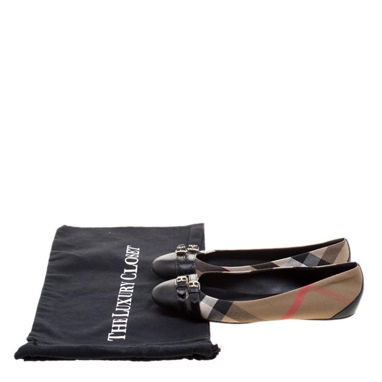 Pre Owned Burberry Beige Nova Check Canvas And Leather Avonwick Buckle Detail Ballet Flats Size 38