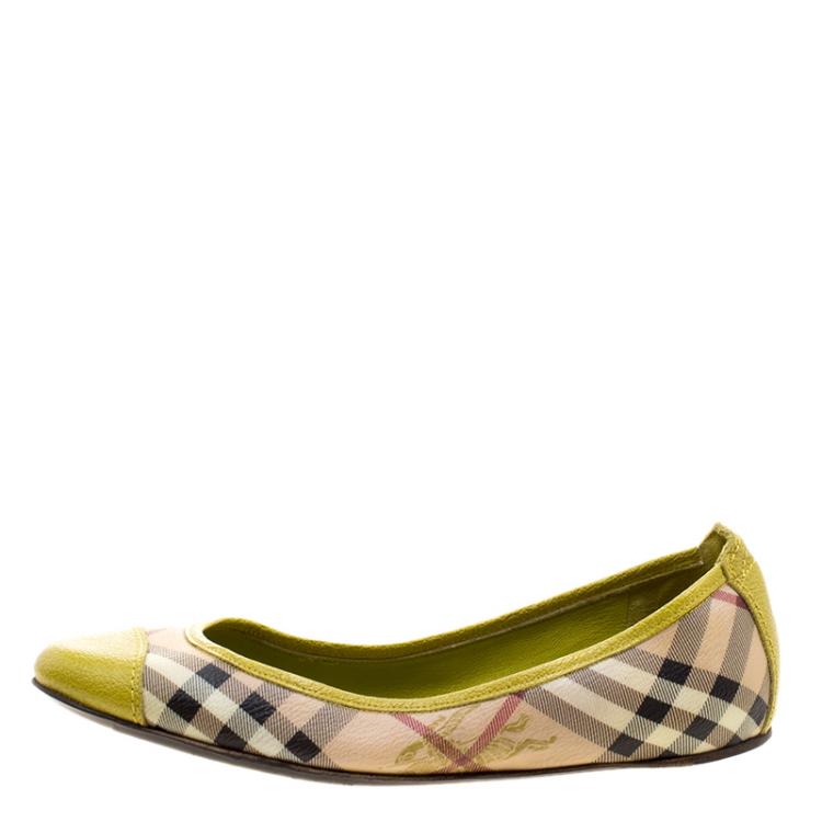 Pre Owned Burberry Yellow Green Haymarket Check PVC and Leather Cap Toe Ballet Flats Size 37