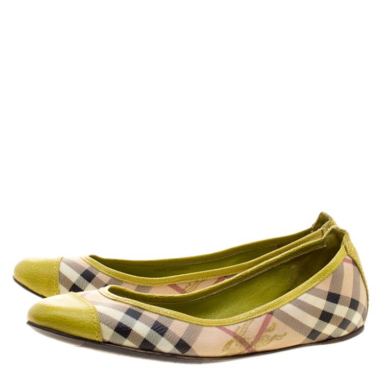 Pre Owned Burberry Yellow Green Haymarket Check PVC and Leather Cap Toe Ballet Flats Size 37