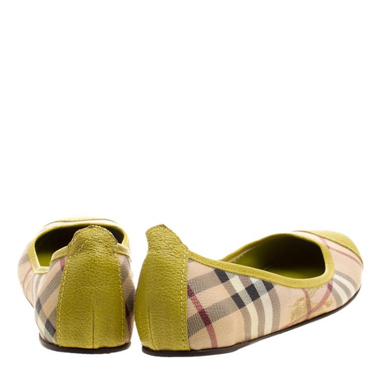 Pre Owned Burberry Yellow Green Haymarket Check PVC and Leather Cap Toe Ballet Flats Size 37