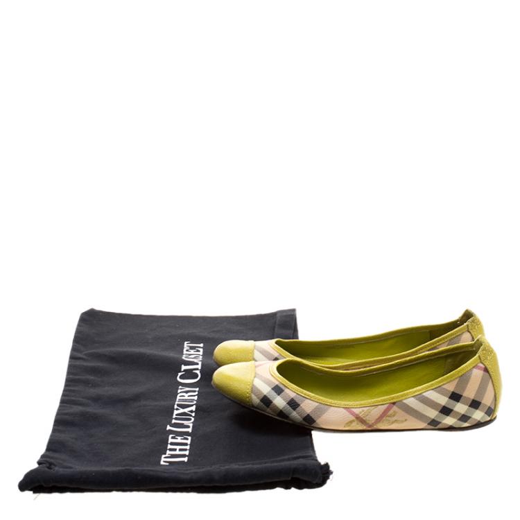 Pre Owned Burberry Yellow Green Haymarket Check PVC and Leather Cap Toe Ballet Flats Size 37