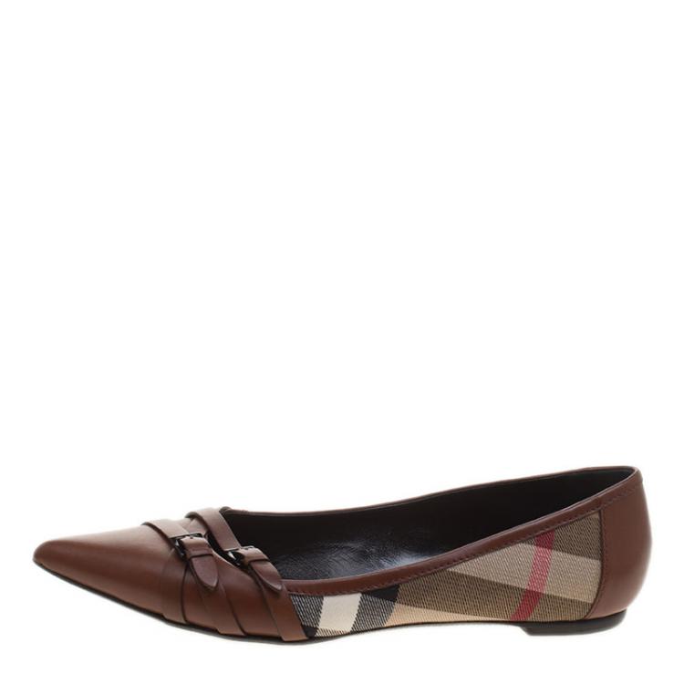 Pre Owned Burberry Brown Leather and Novacheck Canvas Buckle Detail Pointed Toe Ballet Flats Size 41