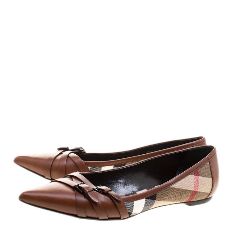 Pre Owned Burberry Brown Leather and Novacheck Canvas Buckle Detail Pointed Toe Ballet Flats Size 41