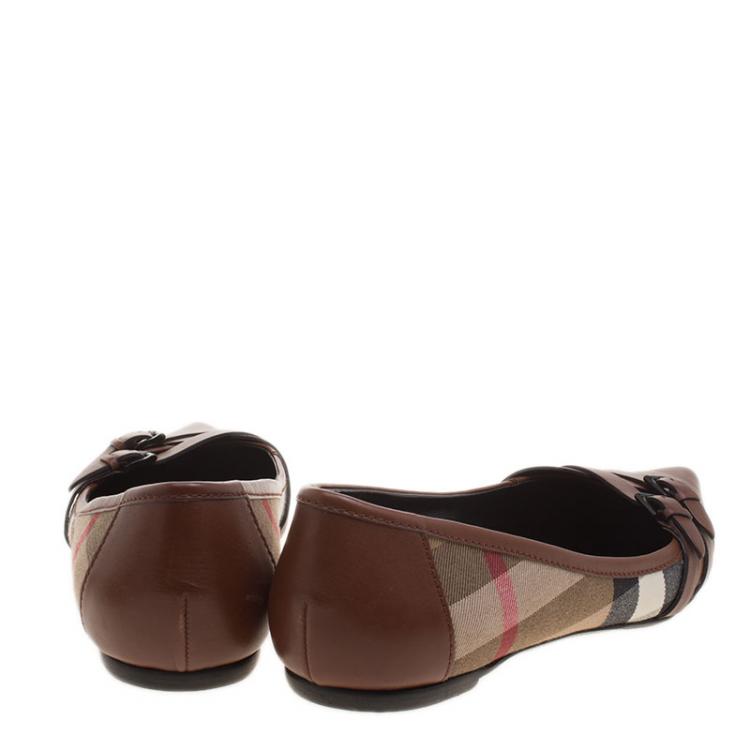 Pre Owned Burberry Brown Leather and Novacheck Canvas Buckle Detail Pointed Toe Ballet Flats Size 41