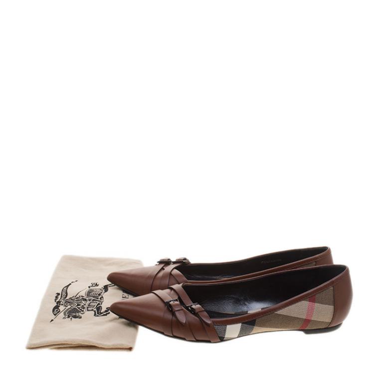Pre Owned Burberry Brown Leather and Novacheck Canvas Buckle Detail Pointed Toe Ballet Flats Size 41