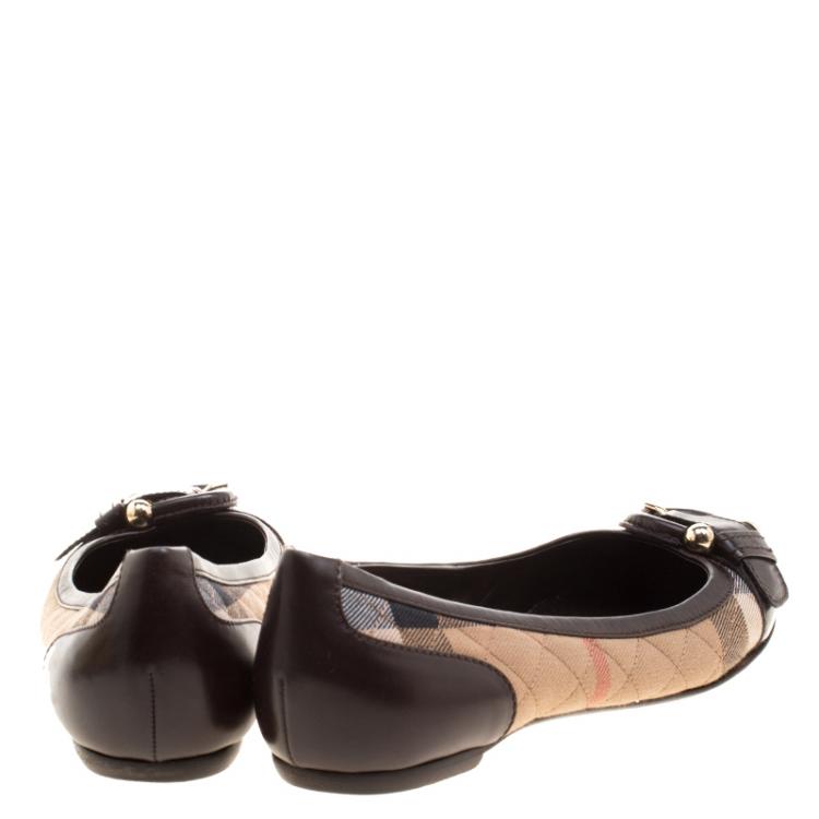 Pre Owned Burberry Beige Quilted Novacheck Canvas and Leather Buckle Detail Ballet Flats Size 38.5