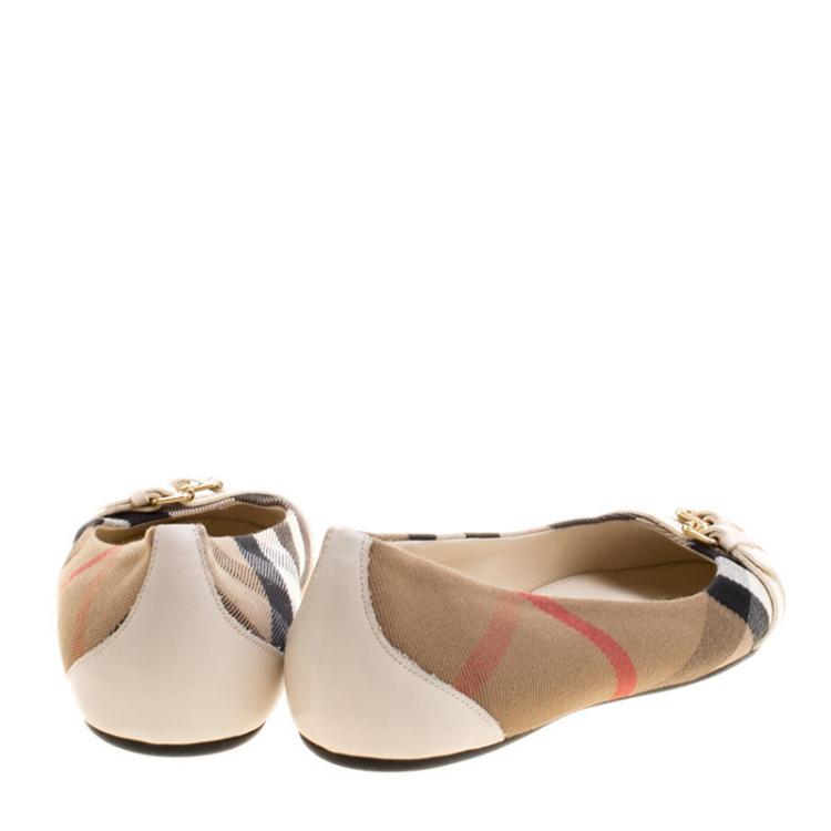 Pre Owned Burberry Beige Nova Check Canvas and Cream Leather Buckle Detail Ballet Flats Size 38.5