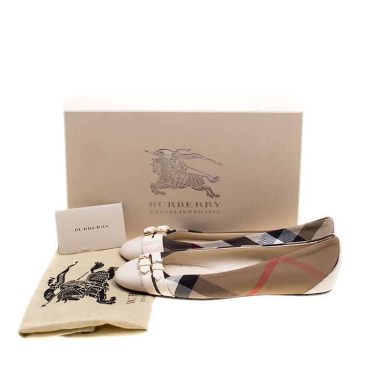 Pre Owned Burberry Beige Nova Check Canvas and Cream Leather Buckle Detail Ballet Flats Size 38.5
