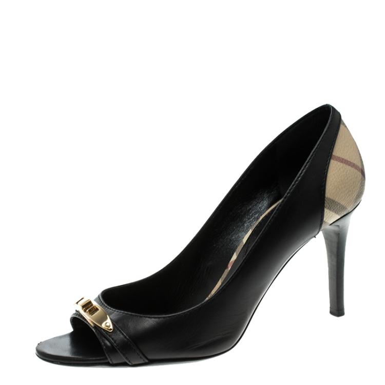 Pre Owned Burberry Black Leather and Novacheck Canvas Peep Toe Pumps Size 38