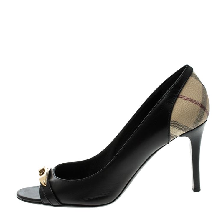 Pre Owned Burberry Black Leather and Novacheck Canvas Peep Toe Pumps Size 38