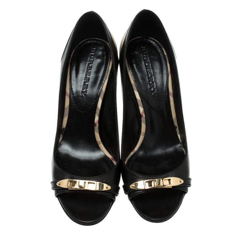 Pre Owned Burberry Black Leather and Novacheck Canvas Peep Toe Pumps Size 38