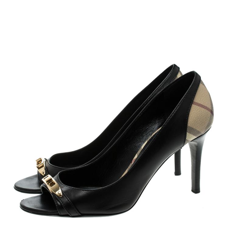 Pre Owned Burberry Black Leather and Novacheck Canvas Peep Toe Pumps Size 38