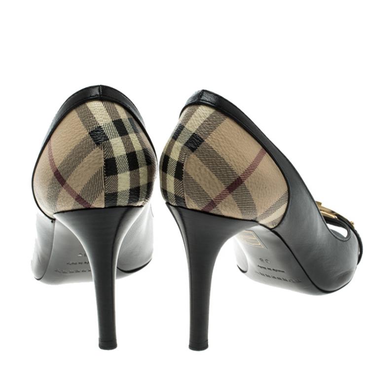 Pre Owned Burberry Black Leather and Novacheck Canvas Peep Toe Pumps Size 38