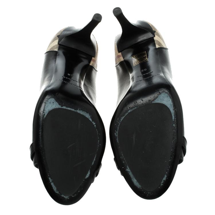 Pre Owned Burberry Black Leather and Novacheck Canvas Peep Toe Pumps Size 38