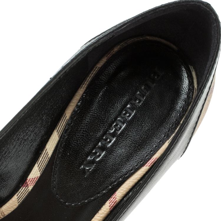 Pre Owned Burberry Black Leather and Novacheck Canvas Peep Toe Pumps Size 38