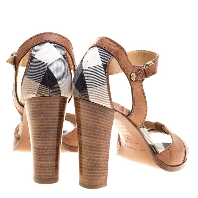 Pre Owned Burberry Brown Leather and Housecheck Fabric Ankle Strap Sandals Size 38